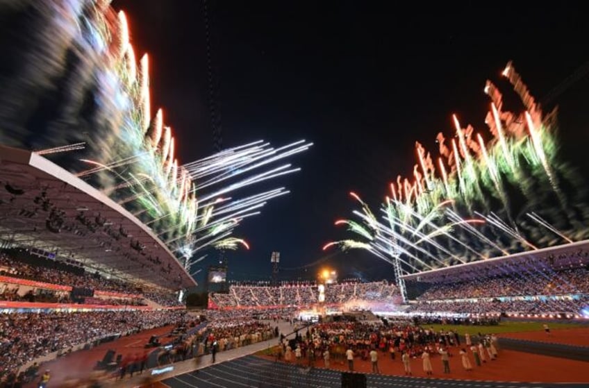 Fireworks erupt over the Alexander Stadium during the closing ceremony for the Commonwealt