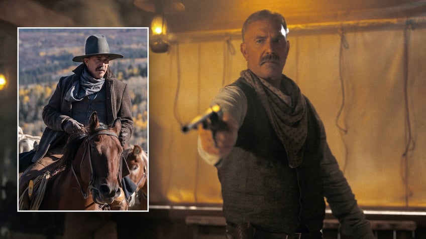 Kevin Costner holds a gun and rides a horse in new country western drama, Horizon.