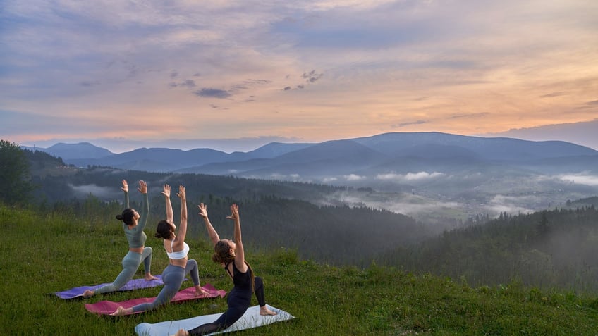 itness women doing yoga exercises among nature