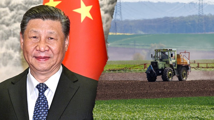 A split image of Chinese President Xi Jinping and a tractor plowing a field in the U.S.