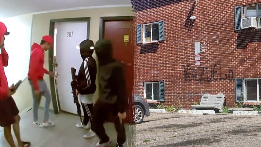 Tren de Aragua gang members rush apartment door, left, Occupied apartment building with "Venezuela" graffiti, right