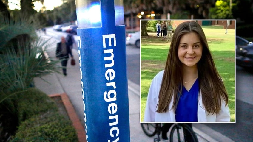 A photo of an emergency blue light next to a photo of Laken Riley