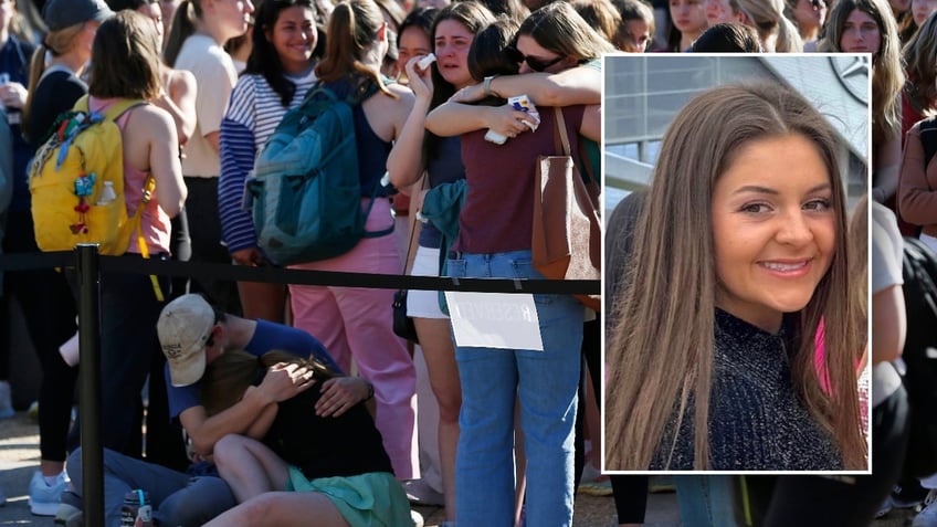 A photo of UGA students crying during a vigil for Laken Riley