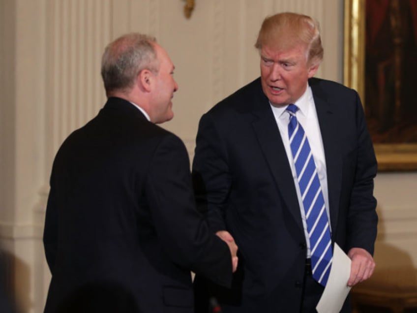 U.S. President Donald Trump (R) shakes hands with House Majority Whip Rep. Steve Scalise (R-LA) (L) during a meeting with the House Deputy Whip team at the East Room of the White House March 7, 2017 in Washington, DC. President Trump met with the House Deputy Whip team to discuss …