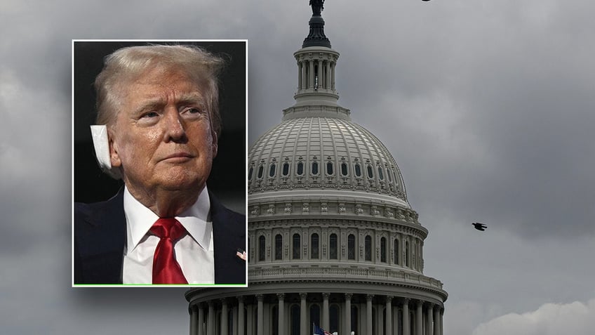 Trump with bandaged ear, inset; US Capitol with gloomy sky backdrop main image