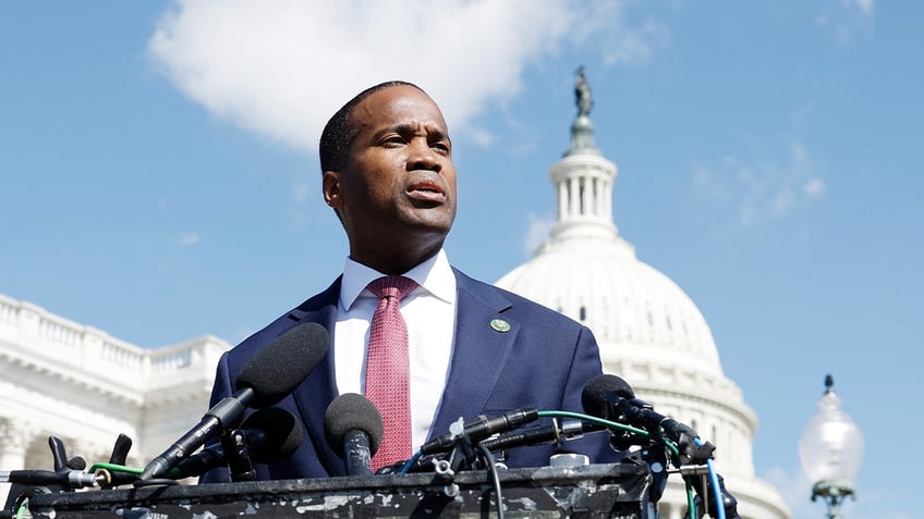 Rep. John James (R-MI) speaks alongside former race car driver Mario Andretti and Rep. Victoria Spartz (R-IN) during a news conference on May 1, 2024 in Washington, D.C.