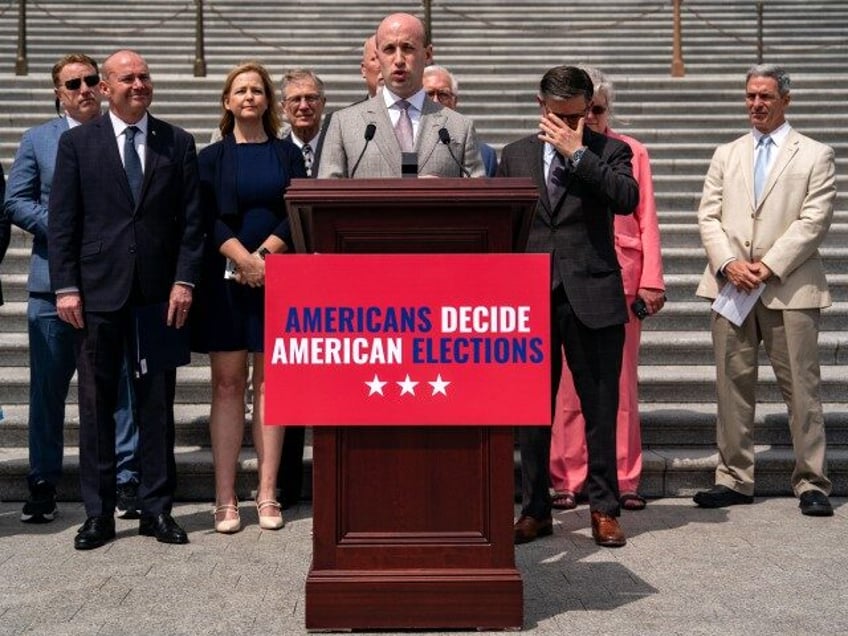 Stephen Miller of the America First Policy Institute speaks during a news conference on th