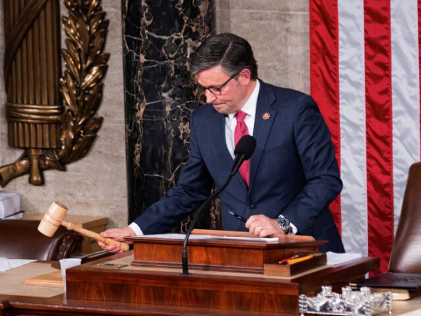 Newly-elected U.S. House Speaker Mike Johnson holds the gavel in the House Chamber in Washington, D.C., the United States, on Oct. 25, 2023. Louisiana Republican Rep. Mike Johnson, vice chairman of the U.S. House Republican conference, was elected the new House speaker in a full chamber vote Wednesday, bringing weeks …