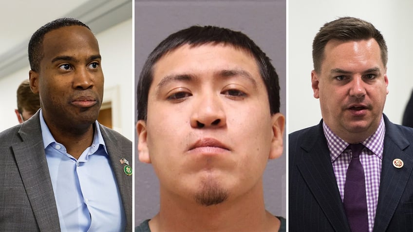 House GOP lawmakers John James and Richard Hudson on the left and right, with the center photo being a mugshot of an undocumented migrant accused of killing a Michigan woman.