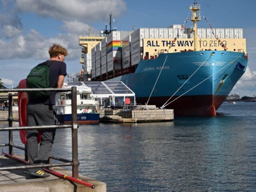 A view taken on September 14, 2023 shows the world's first methanol-enabled container vessel called "Laura Maersk" of A.P. Moller-Maerska after its namegiving ceremony in Copenhagen. Built in South Korea by Hyundai Heavy Industries (HHI) and fitted with a dual-fuel engine, "Laura Maersk" is a relatively small model that will …