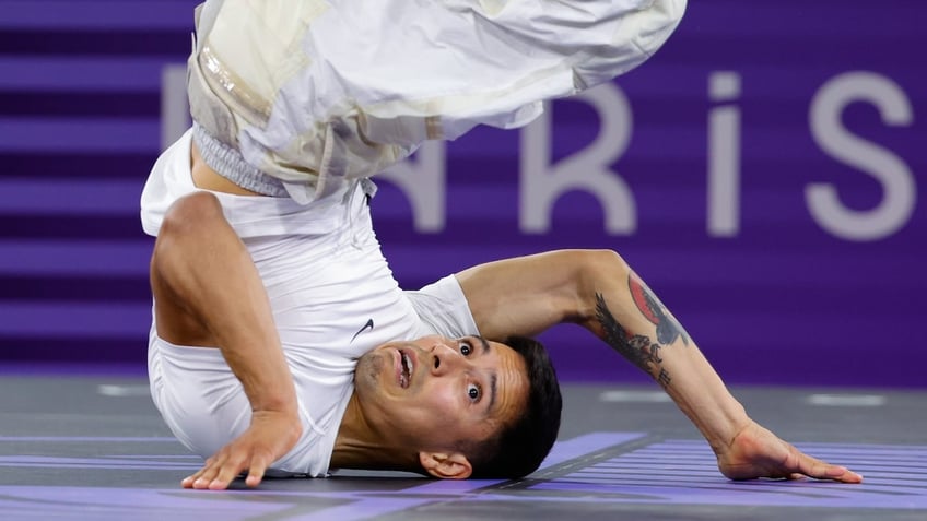 Victor Montalvo of the United States, known as B-Boy Victor, competes during the breaking B-boys bronze medal battle