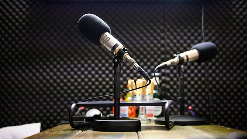 Podcast microphones stands are seen in a recording studio.