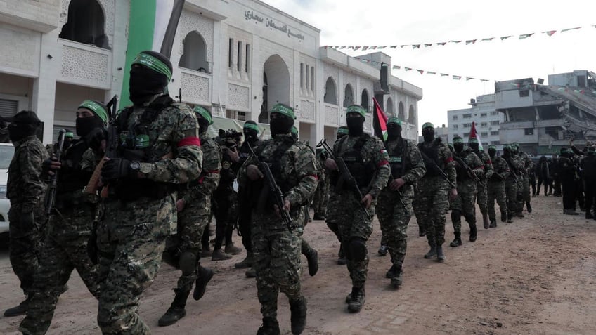 Hamas gathers in a show of strength during a parade by the terror group in Gaza on January 25th, 2025.