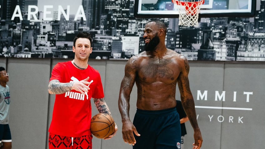 Chris Brickley and LeBron James on court