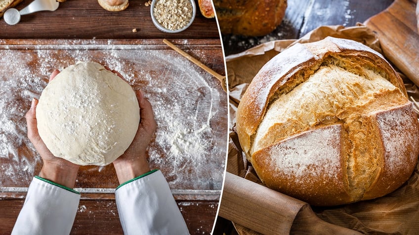 A split image of bread dough and a baked loaf of bread