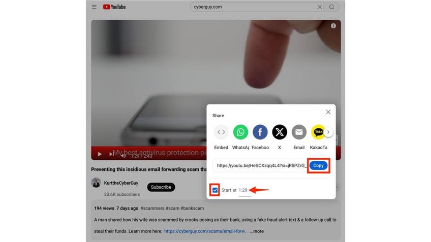 How to share a YouTube video starting at a specific time