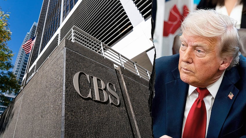 CBS News signage in NYC and Donald Trump in the oval office