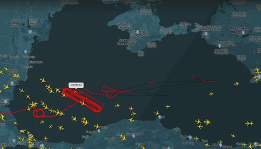 The flight path of Forte10, a U.S. Air Force Northrop Grumman RQ-4 Global Hawk surveillance drone, during the missile attack on Sevastopol.