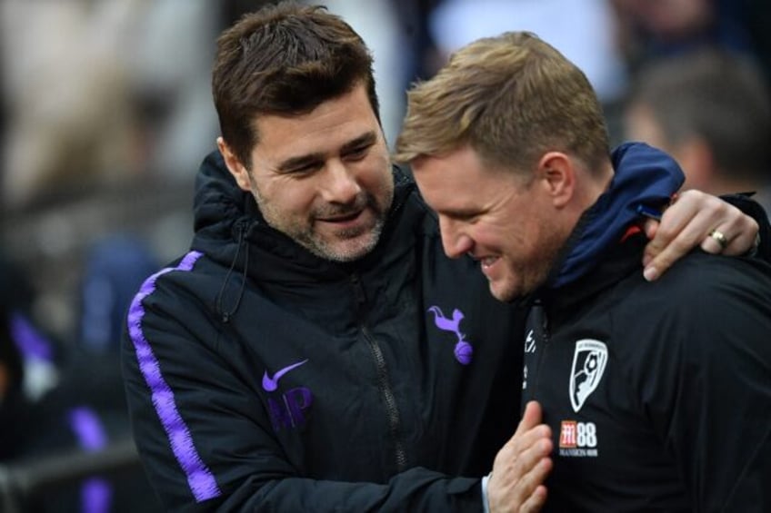 Former Chelsea coach Mauricio Pochettino (L) with Newcastle's Eddie Howe