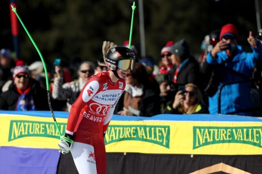 Austria's Cornelia Huetter reacts after her run at Beaver Creek sealed victory on Saturday