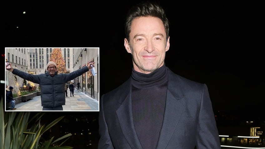 Hugh Jackman wearing black with inset of him at Rockefeller Center