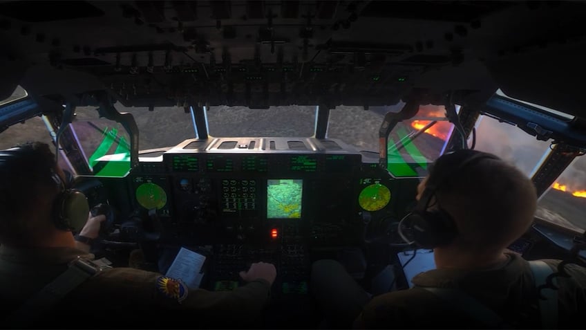 Cockpit view of firefighters battling Hughes Fire