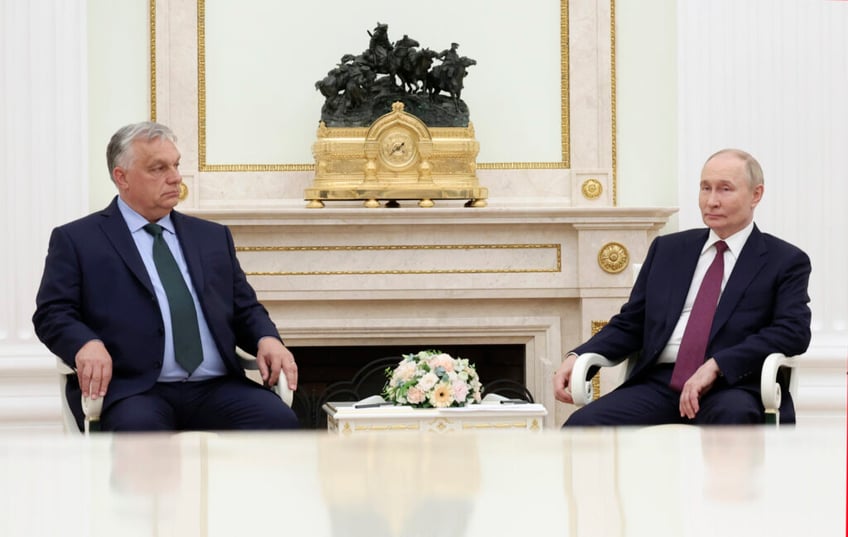 Russian President Vladimir Putin, right, and Hungarian Prime Minister Viktor Orban hold a meeting in Moscow, Russia, Friday, July 5, 2024. (Valeriy Sharifulin, Sputnik, Kremlin Pool Photo via AP)