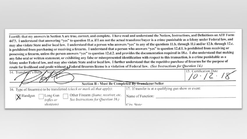 An evidence photo shows Hunter Biden’s signature certifying he was eligible to purchase a gun