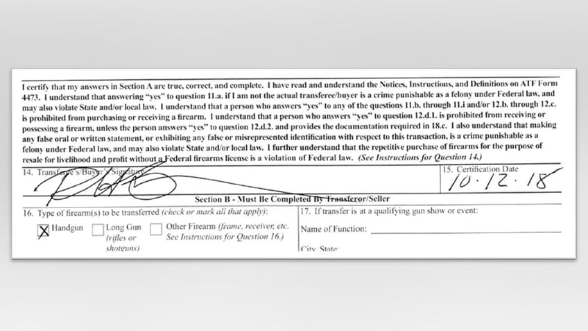 An evidence photo shows Hunter Biden’s signature certifying he was eligible to purchase a gun