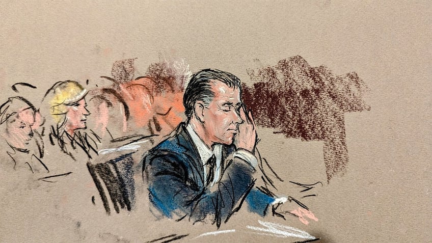 A court sketch depicts Hunter Biden wiping his eyes while listening to Naomi Biden’s testimony during his federal trial