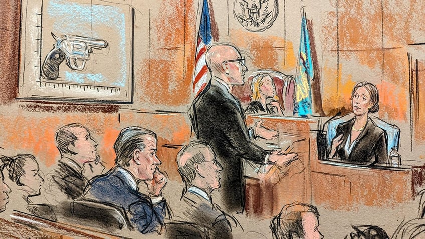 A court sketch depicts Hallie Biden testifying on the stand during Hunter Biden’s trial