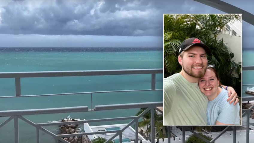 Split image of storm above sea and couple smiling