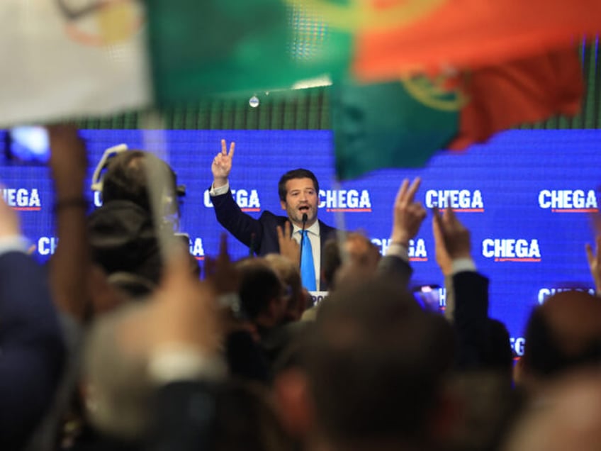 TOPSHOT - CHEGA leader Andre Ventura addresses supporters at Marriot Hotel, where the part