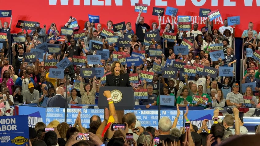 Vice President Kamala Harris, the Democratic Party presidential nominee, headlines a rally at the Pennsylvania Farm Show Complex and Expo Center, in Harrisburg, Pa. on Oct. 30, 2024.