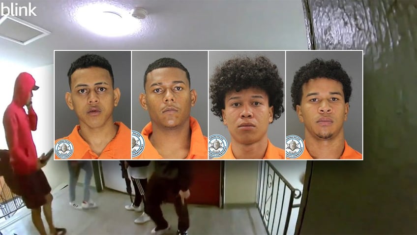 Four mugshots of Tren de Aragua gang members, insets, surveillance footage from the Romeros apartment in Aurora, background