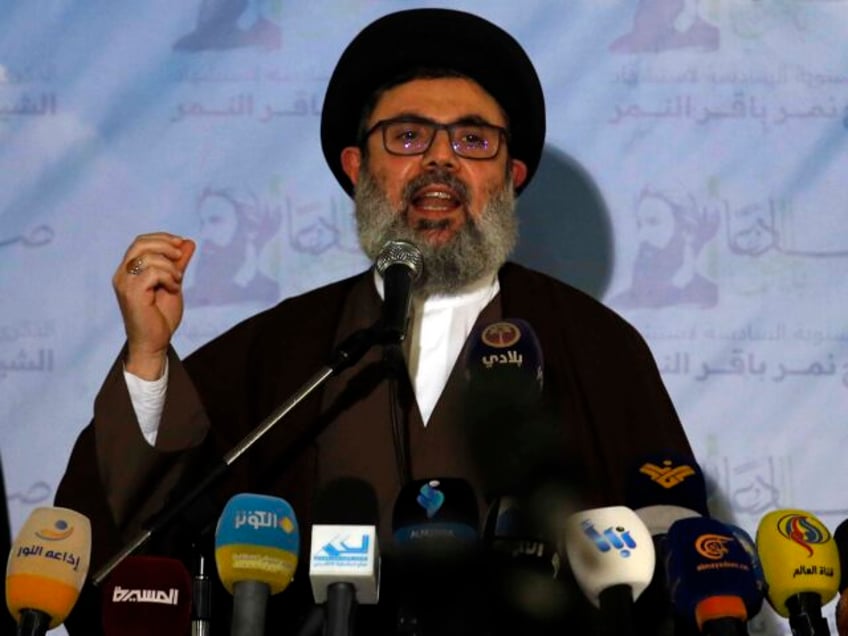 Senior Hezbollah leader Hashem Safieddine speaks during a conference for Saudi opposition