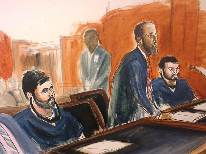 FILE - In this Dec. 17, 2015, file courtroom sketch, two nephews of Venezuela's first lady, Efrain Antonio Campo Flores, second from left, 29, and Franqui Francisco Flores De Freitas, right, 30, appear in Manhattan federal court at their arraignment on cocaine-smuggling charges, in New York as their defense attorneys Kafahni Nkrumah, left, and Vincent Southerland, standing, represent them. A New York judge agreed Thursday, May 12, 2016, to a tentative court date of November 7, to begin the trial of the two nephews for conspiracy to import 800 kilograms of cocaine into the US. (Elizabeth Williams via AP, File)