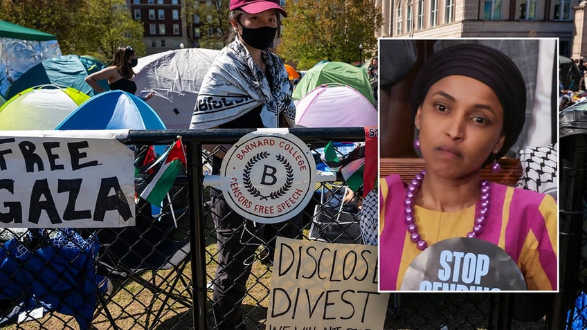 An image of Rep. Ilhan Omar against a background of a student at Columbia University's Gaza ceasefire tent encampment