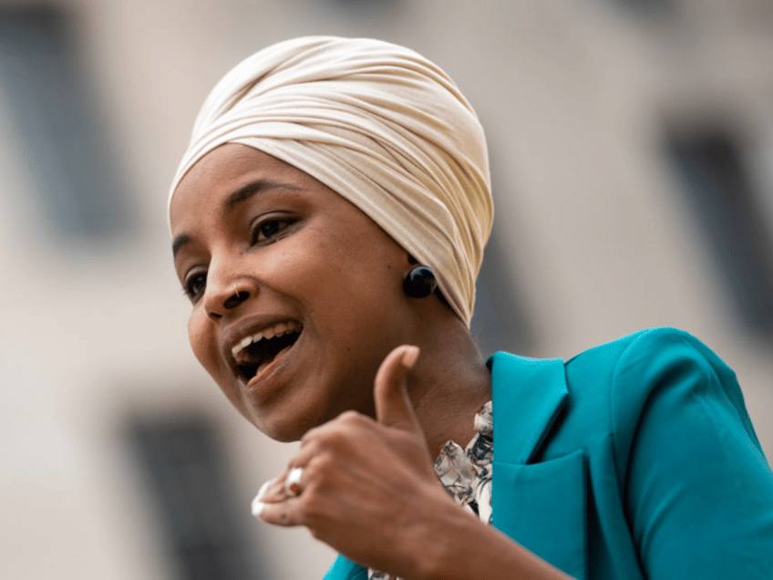 WASHINGTON, DC - APRIL 9: Rep. Ilhan Omar (D-MN) speaks during a press conference at Black