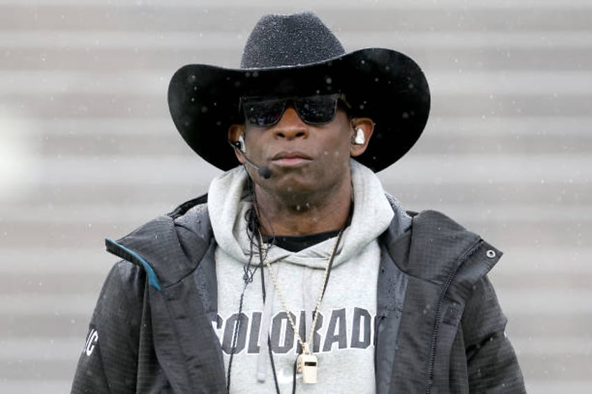 Head coach Deion Sanders of the Colorado Buffaloes watches as his team plays their spring game at Folsom Field on April 27, 2024 in Boulder, Colorado.