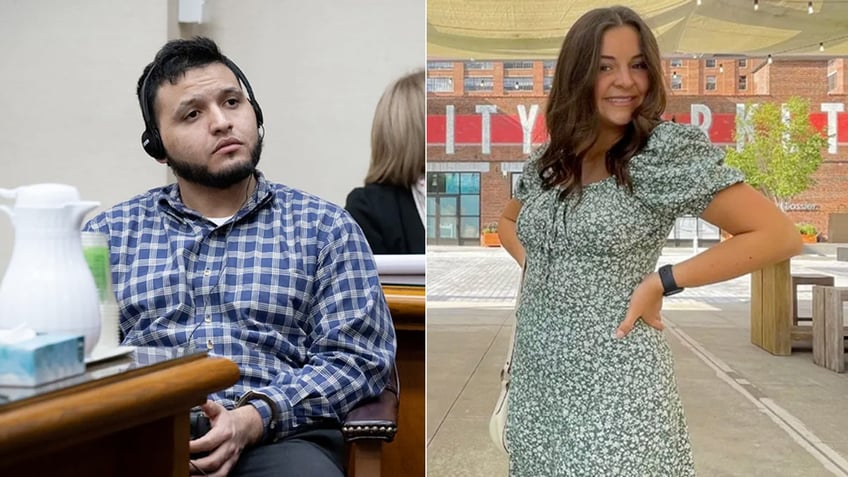 A split image of Jose Ibarra in court and Laken Riley