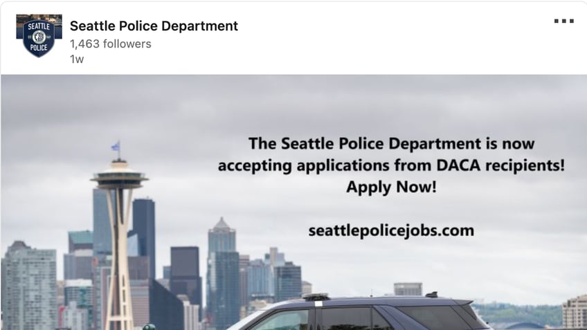 LinkedIn Seattle PD job posting. Police car in foreground, city skyline in background