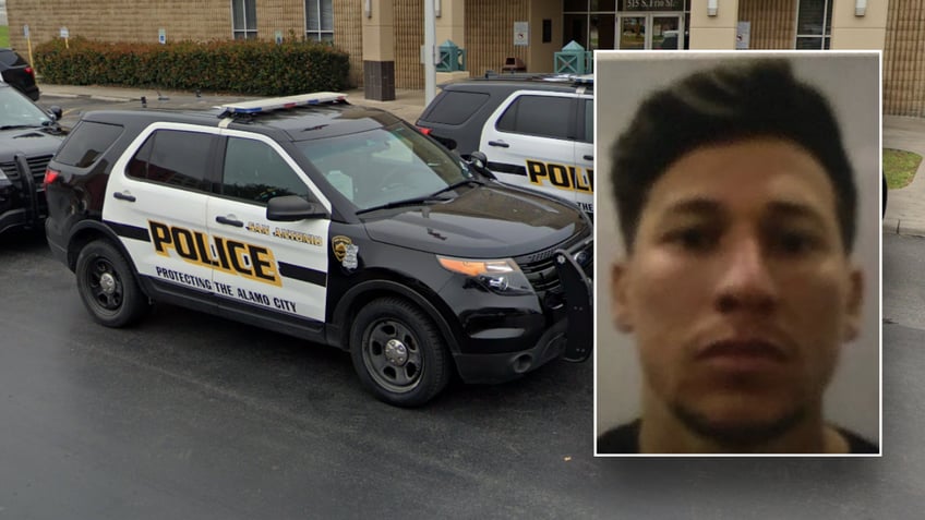 Jorge Chacon-Gutierrez ID photo next to SAPD vehicles