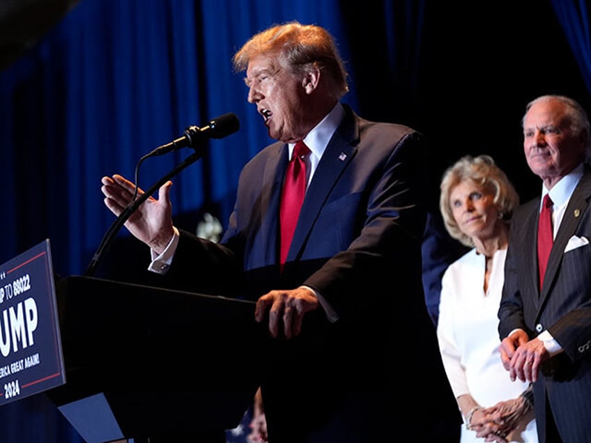 Republican presidential candidate former President Donald Trump speaks at a primary electi