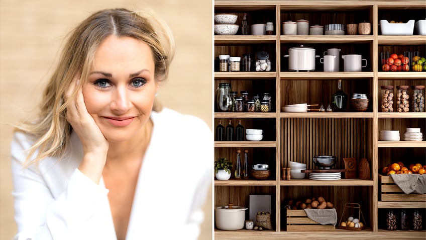 Michelle Patidar next to stocked pantry