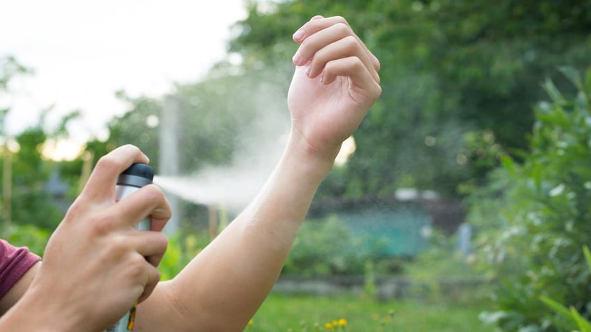 Person applies bug spray outside.