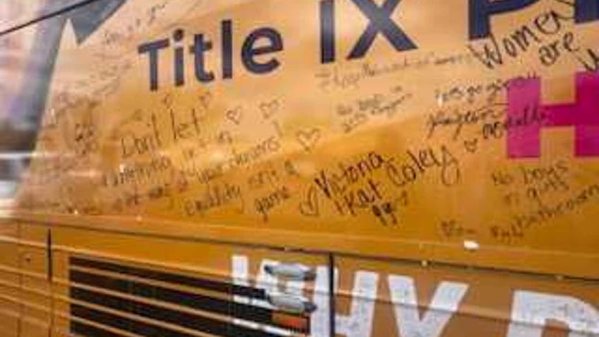 Independent Women's Forum bus with eggshells after alleged vandalism.