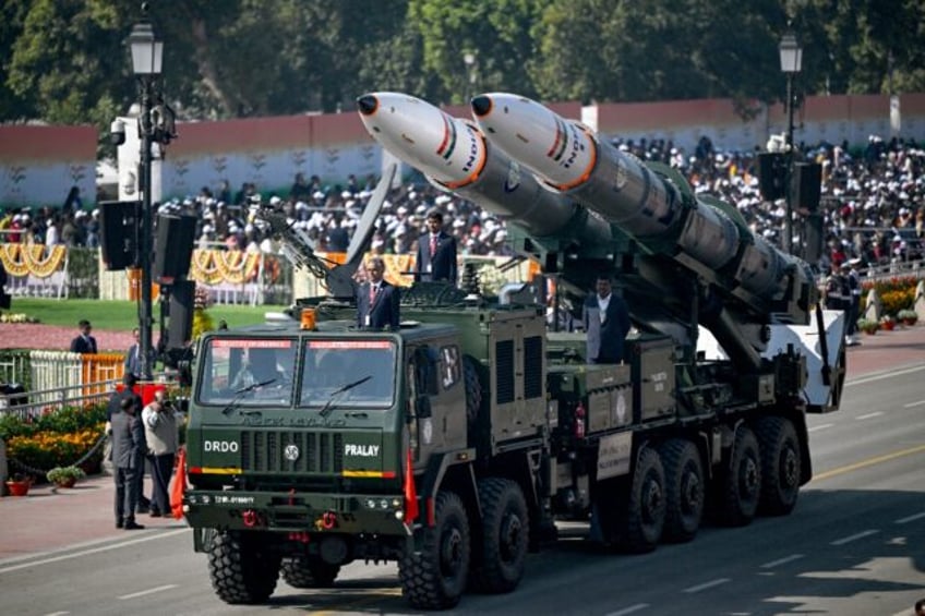 India has boosted its domestic arms industry including this Pralay weapon system on displa