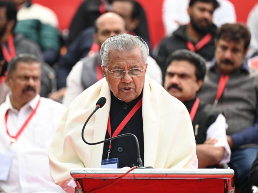New Delhi, India – February 8: Kerala Chief Minister Pinarayi Vijayan addresses as he leads the Left Democratic Front (LDF) protest against the central government's alleged discrimination against Kerala at the Jantar Mantar in New Delhi on February 08, 2024. (Photo by Hardik Chhabra/ The India Today Group via Getty Images)