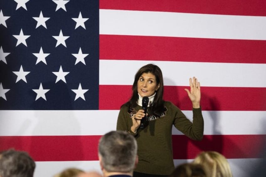 Former UN ambassador and 2024 presidential hopeful Nikki Haley speaks at a campaign event Iowa City, Iowa, on January 13, 2024